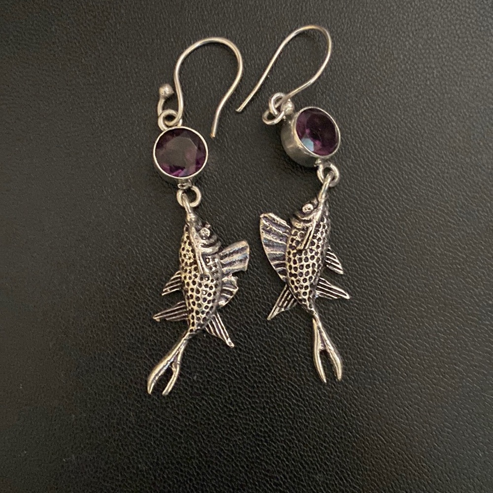 Fish and purple bids earrings